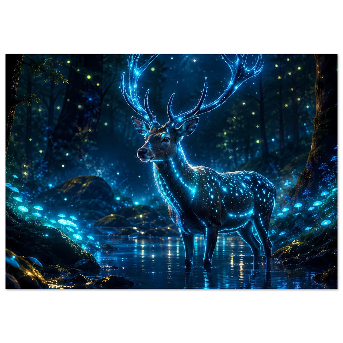 Poster mit leuchtendem Hirsch im nächtlichen Wald, blaues Leuchten am Fell, Geweih