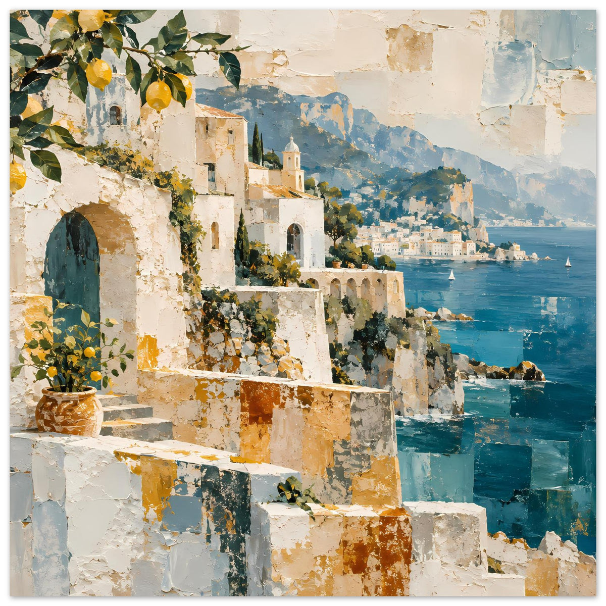Kunstposter mit mediterraner Küste: ockerfarbene Häuser, tiefblaues Wasser und Hügel im Hintergrund