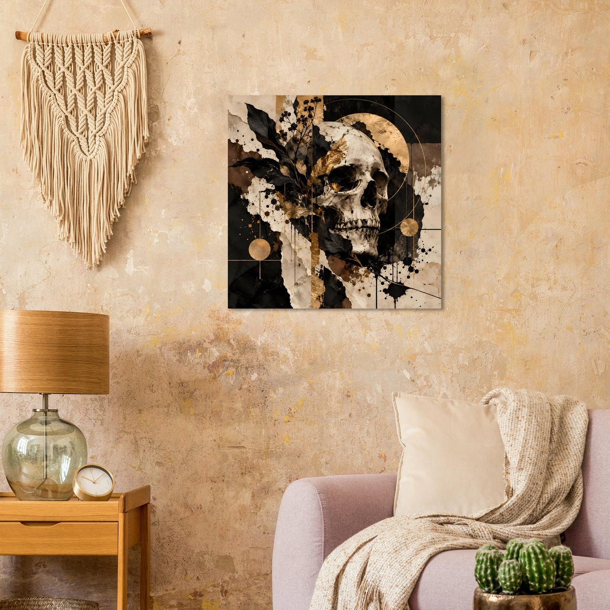 Kunstposter mit Totenschädelgrafik in Schwarz und Gold, quadratisches Format an Wand