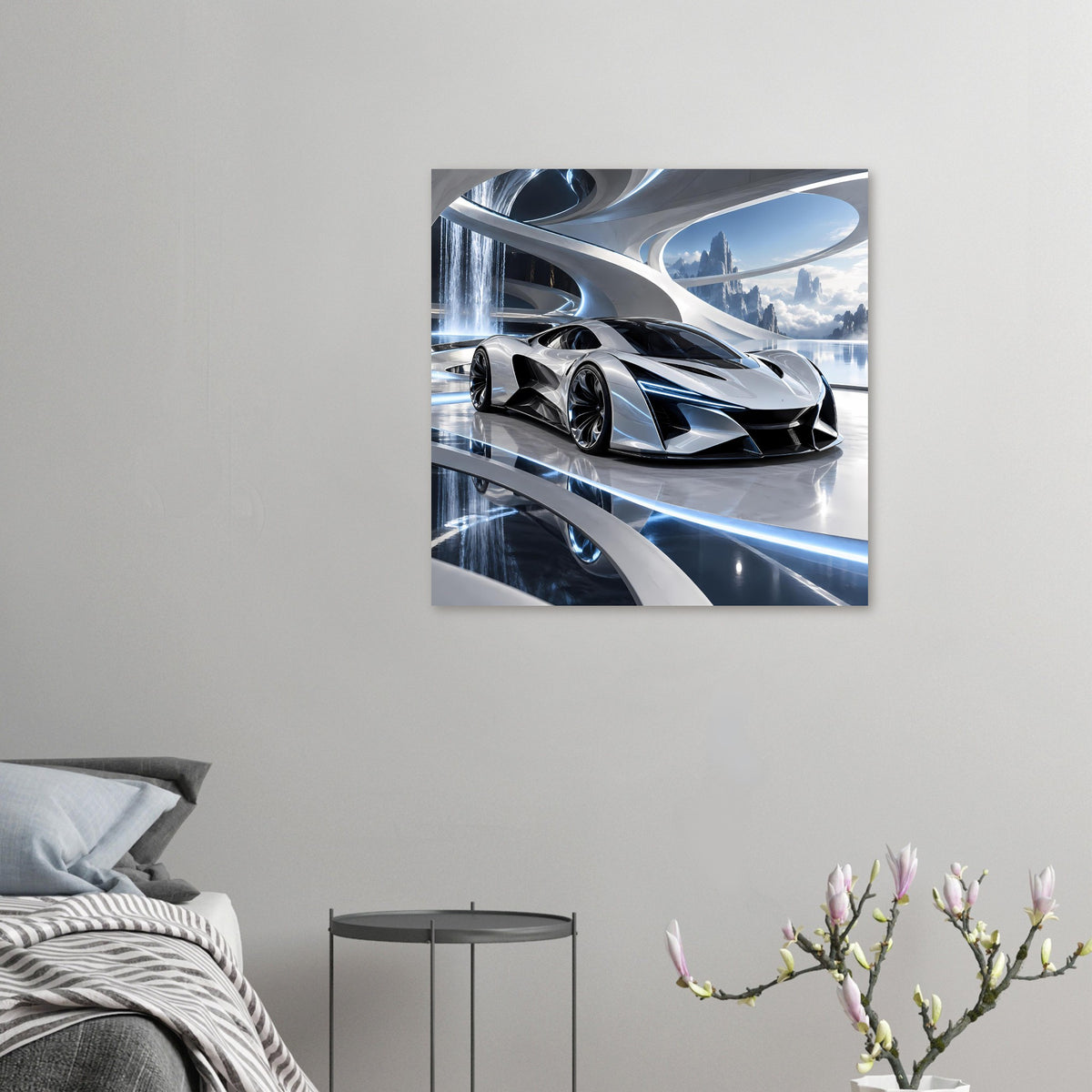 Auto-Poster (Hochformat): silberner Supersportwagen im Detail, schwarz-blaues Design.
