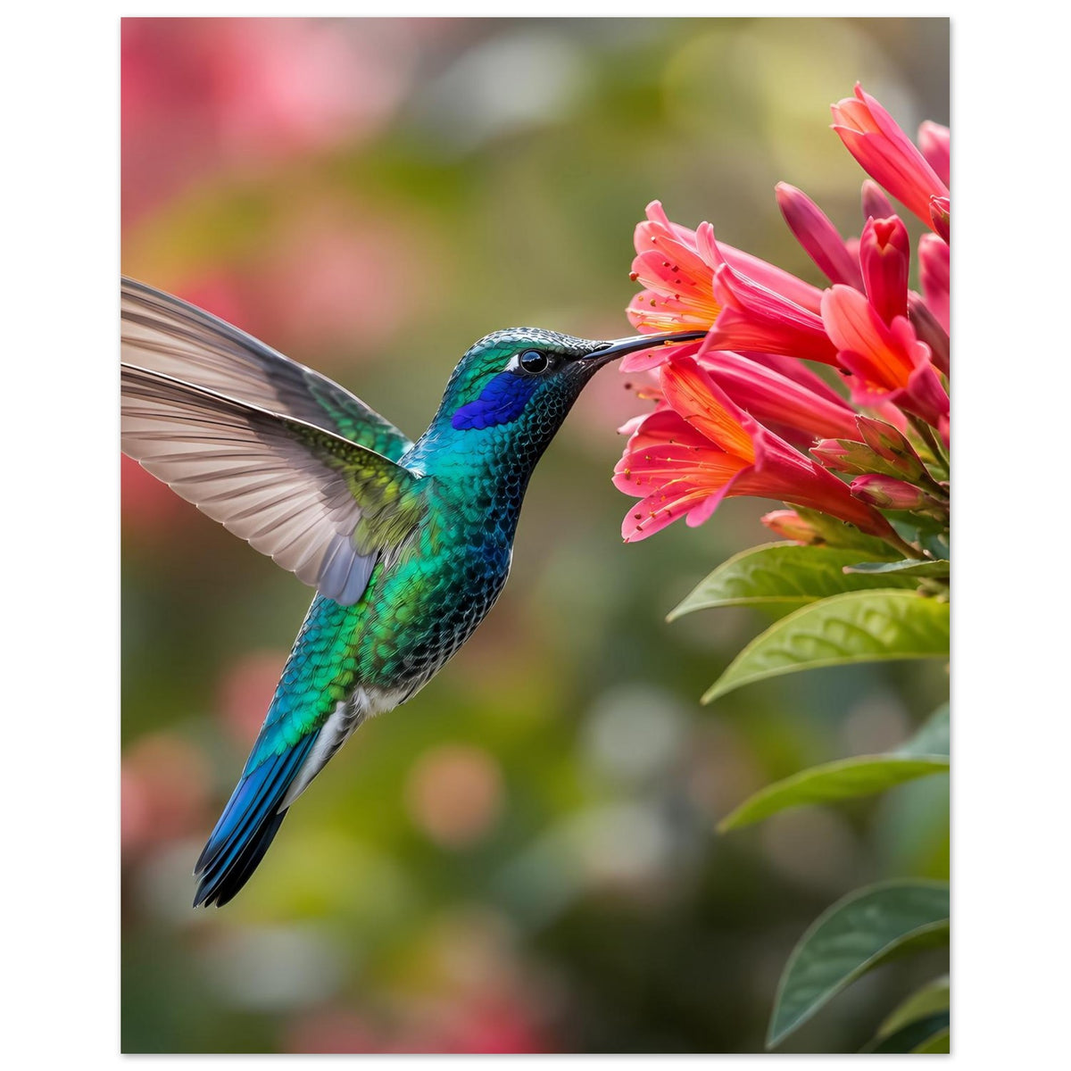 Naturposter: Kolibri türkisblau vor rosa Blüten, Flügel nach links