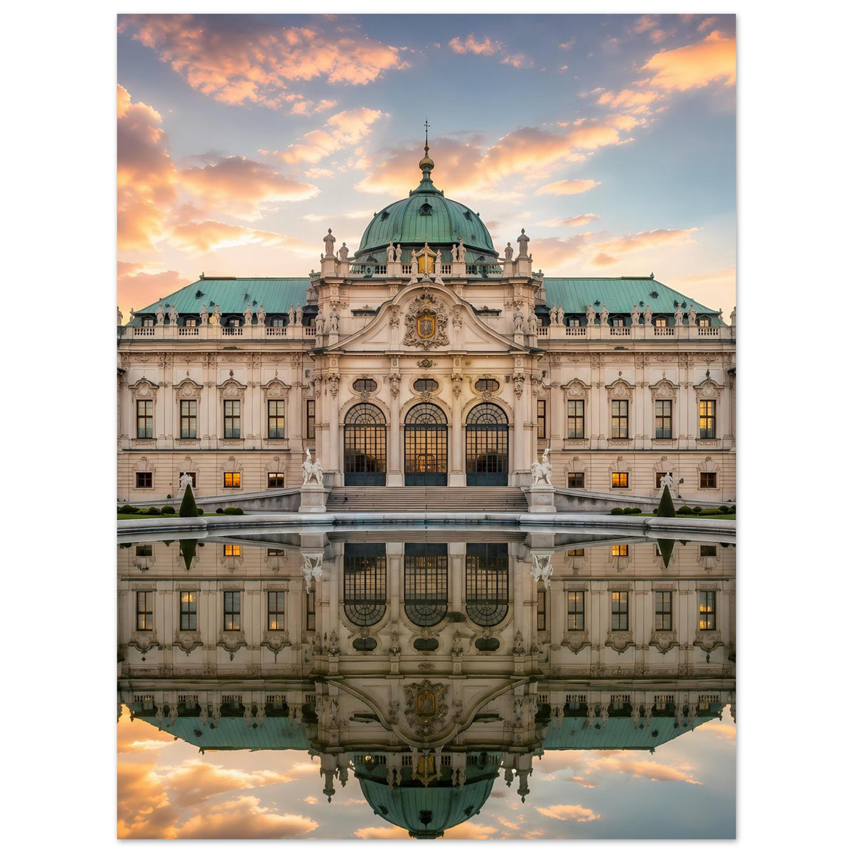 Schloss-Poster im Hochformat mit barocker Fassade, grüner Kuppel und Spiegelbild