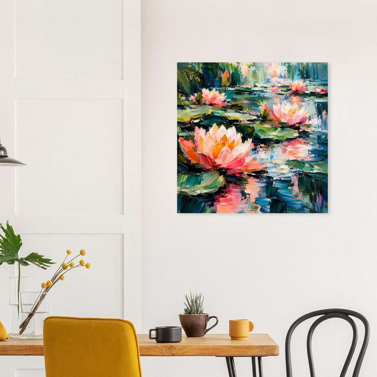 Quadratisches Poster mit impressionistischen Seerosen und farbenfrohen Wasserflächen