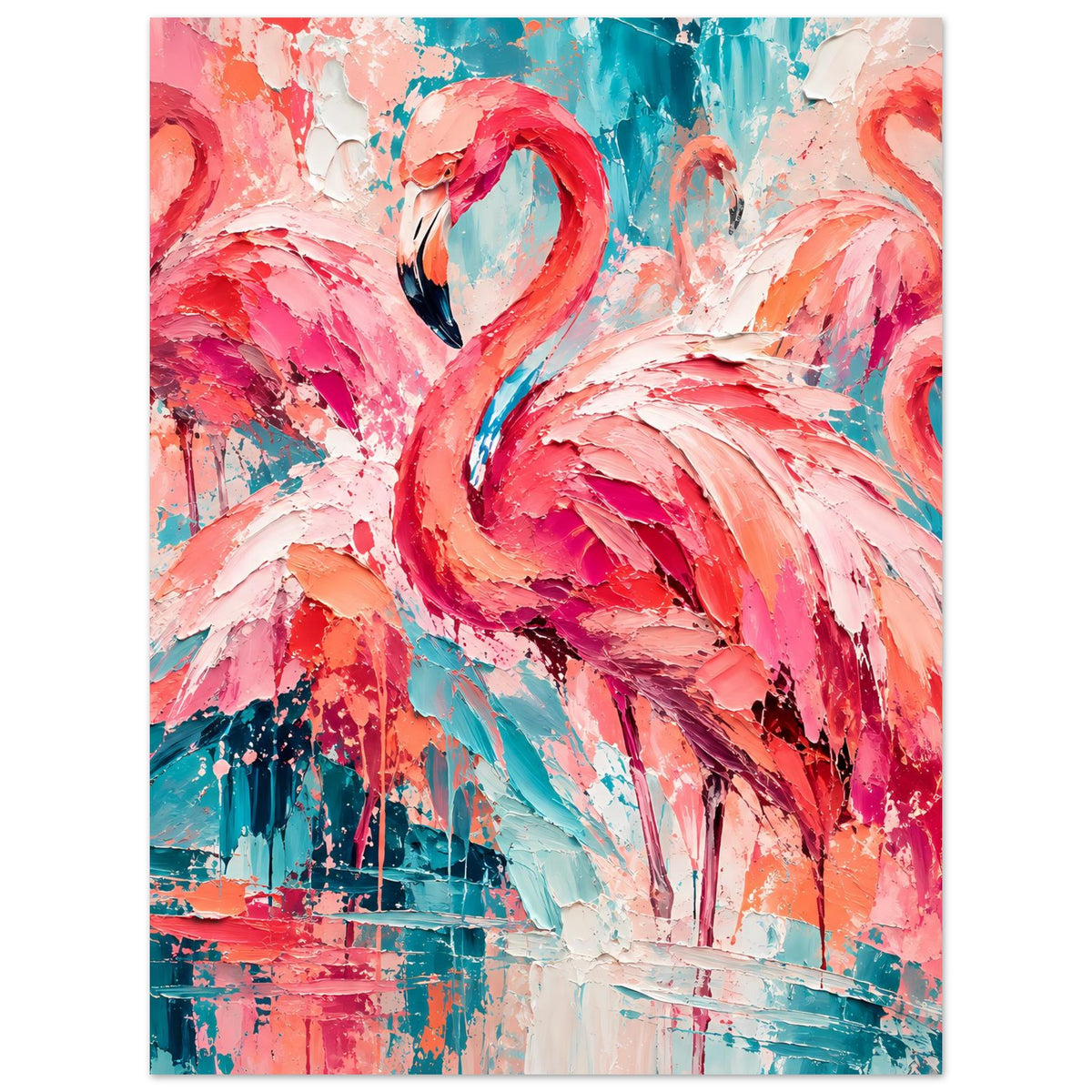 Flamingo-Poster mit kräftigen Pink- und Türkis-Tönen, abstrakte Farbflächen