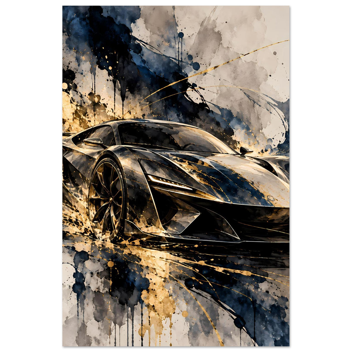 Hochformat-Poster mit Supersportwagen in Schwarz und Gold, mit kräftigem Spritz- und Linienmuster