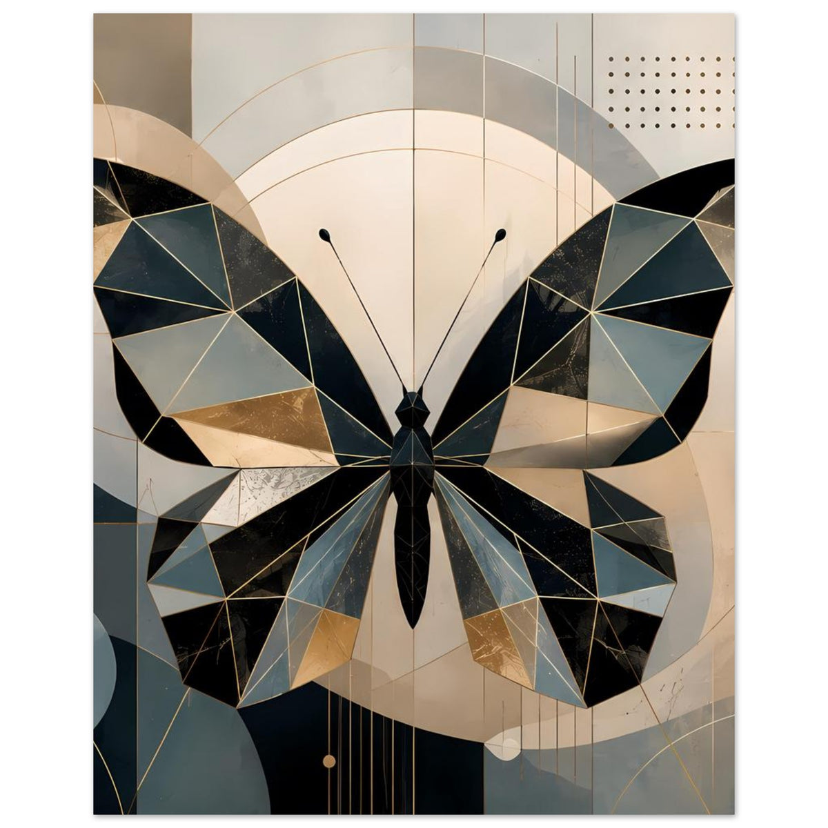 Geometrisches Schmetterlingsposter, zentrales Insektmotiv mit petrolfarbenen und goldenen Facetten.