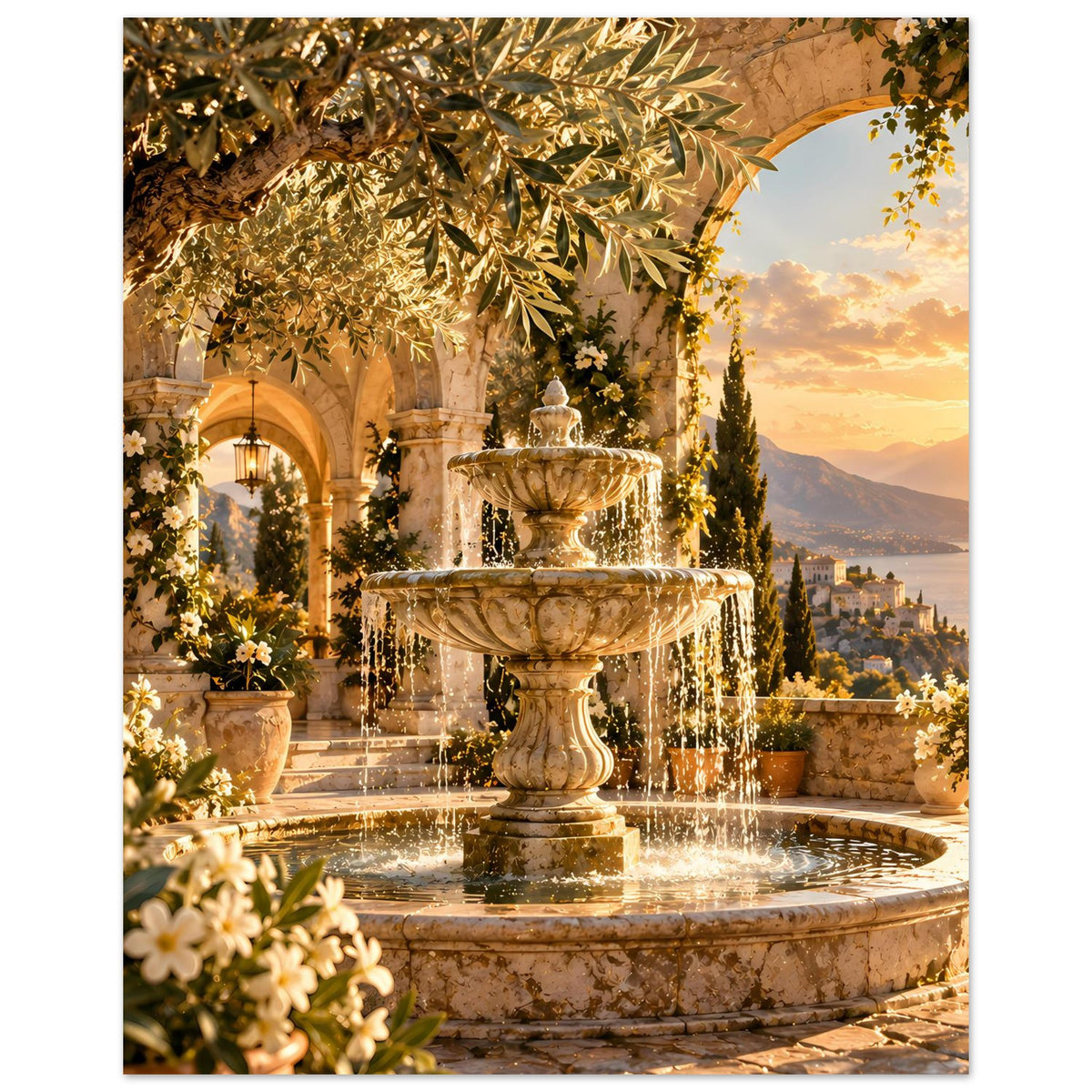 Brunnen-Poster im Sonnenuntergang: dreistufiger Brunnen, Steinarkaden und goldene Blätter