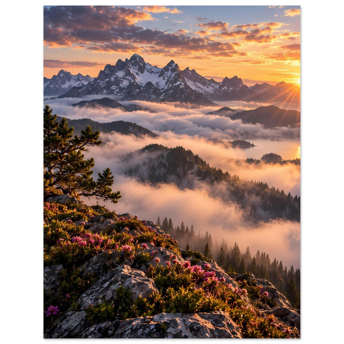 Poster im Hochformat mit Sonnenaufgang, Bergkette, Wolken und Nebel über dem Tal