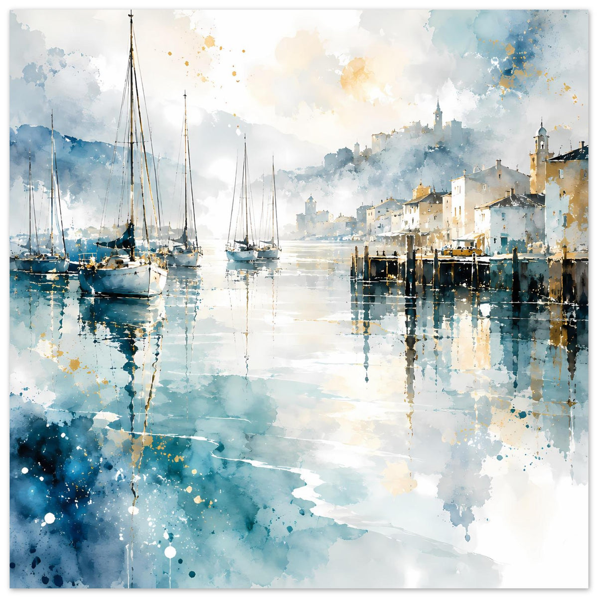 Aquarell-Poster im Querformat mit Segelbooten, Hafenstadt, blauem Himmel und Reflexen