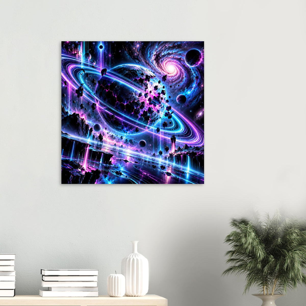 Neon-Galaxie-Poster im Kleinformat an der Wand: leuchtende Ringe, Planeten und Wirbelnebel