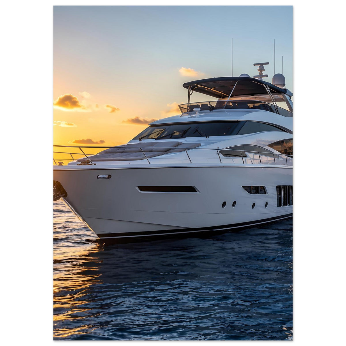 Hochformat-Poster mit weißer Yacht im Sonnenuntergang, Fokus auf Bug und Oberdeck