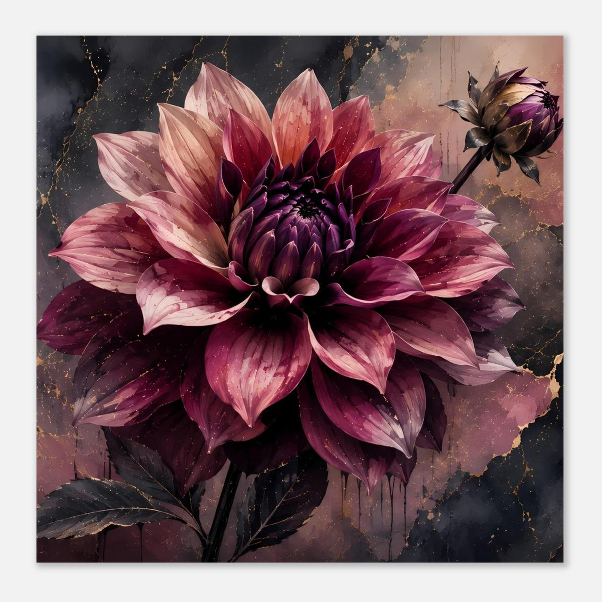 Blumenposter mit Dahlie in Dunkelviolett und Rosatönen, goldfarbene Details im floralen Motiv