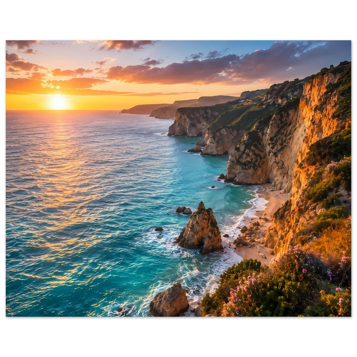 Poster mit Meerblick bei Sonnenuntergang: türkisfarbenes Wasser, Felsen, orangefarbene Wolken