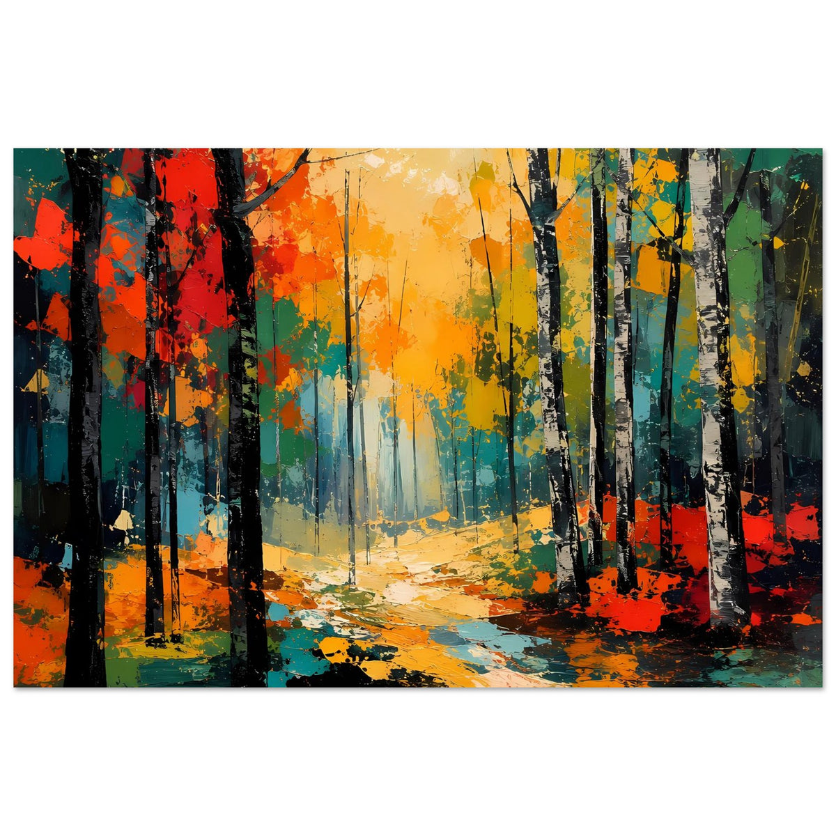 Herbstwald-Poster mit Blick in den Wald, leuchtendes Gelb-Orange und farbige Spritztexturen