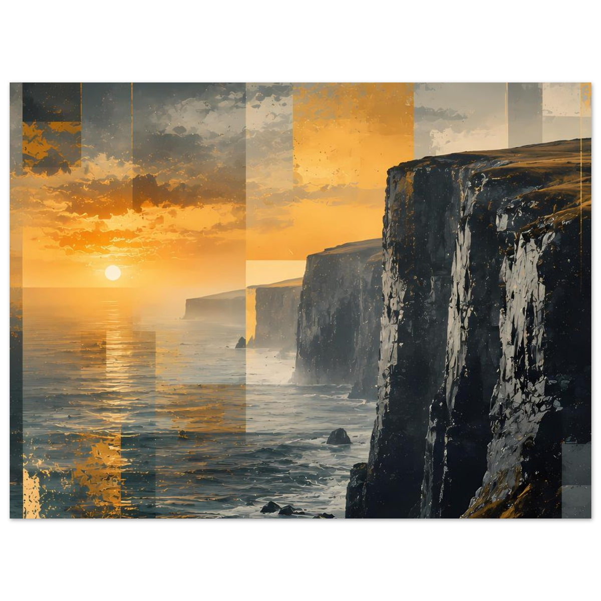 Küstenposter mit Sonnenuntergang und Küstenfelsen, Farbübergang in Blau und Orange