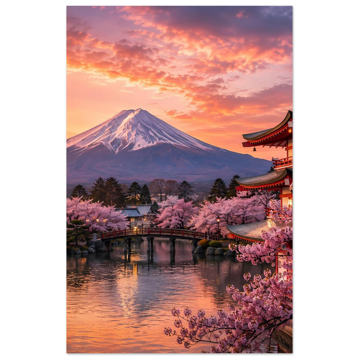 Wandposter mit Mount Fuji, Kirschblüten am Ufer und japanischem Tor bei Sonnenuntergang