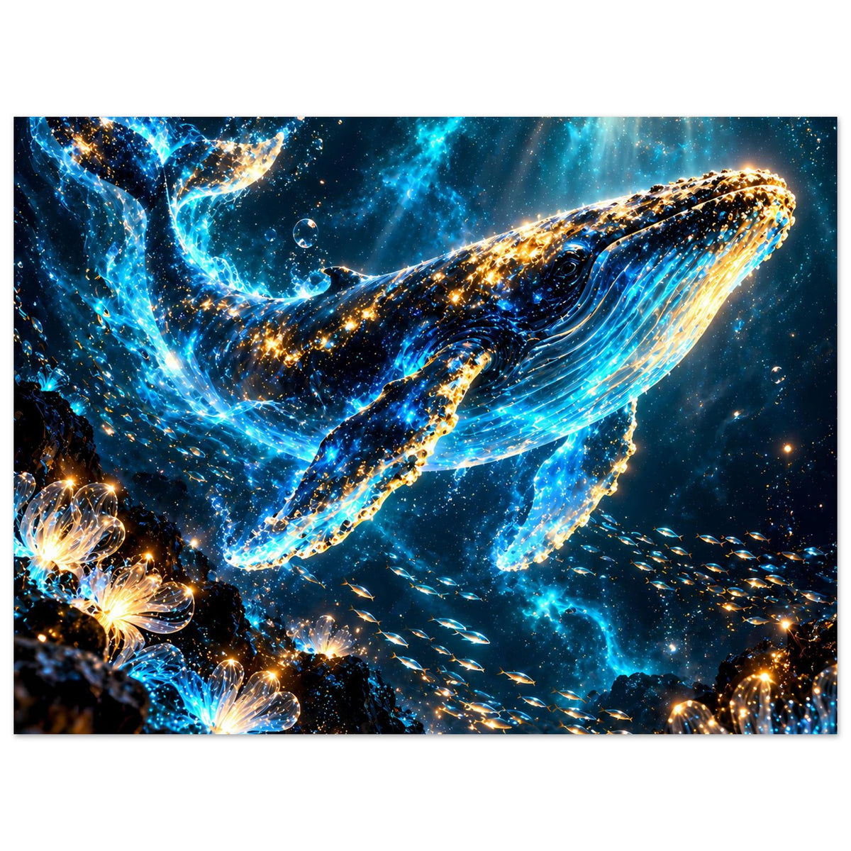 Poster im Querformat mit Wal im Meer, blaues Licht und goldene Leuchtfunken