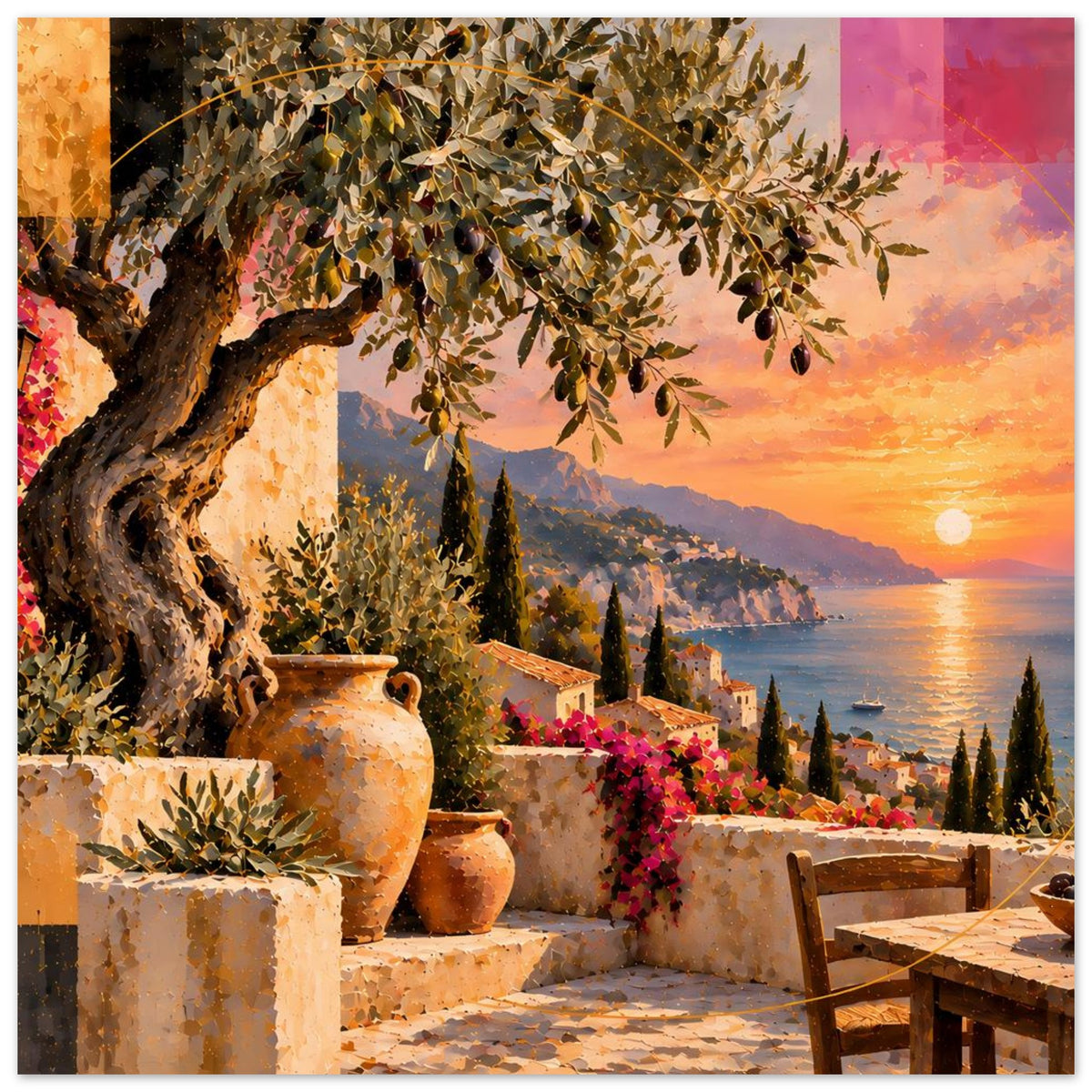 Quadratisch wirkendes Poster mit Sonnenuntergang, Olivenzweigen, Blüten und Bank auf Terrasse