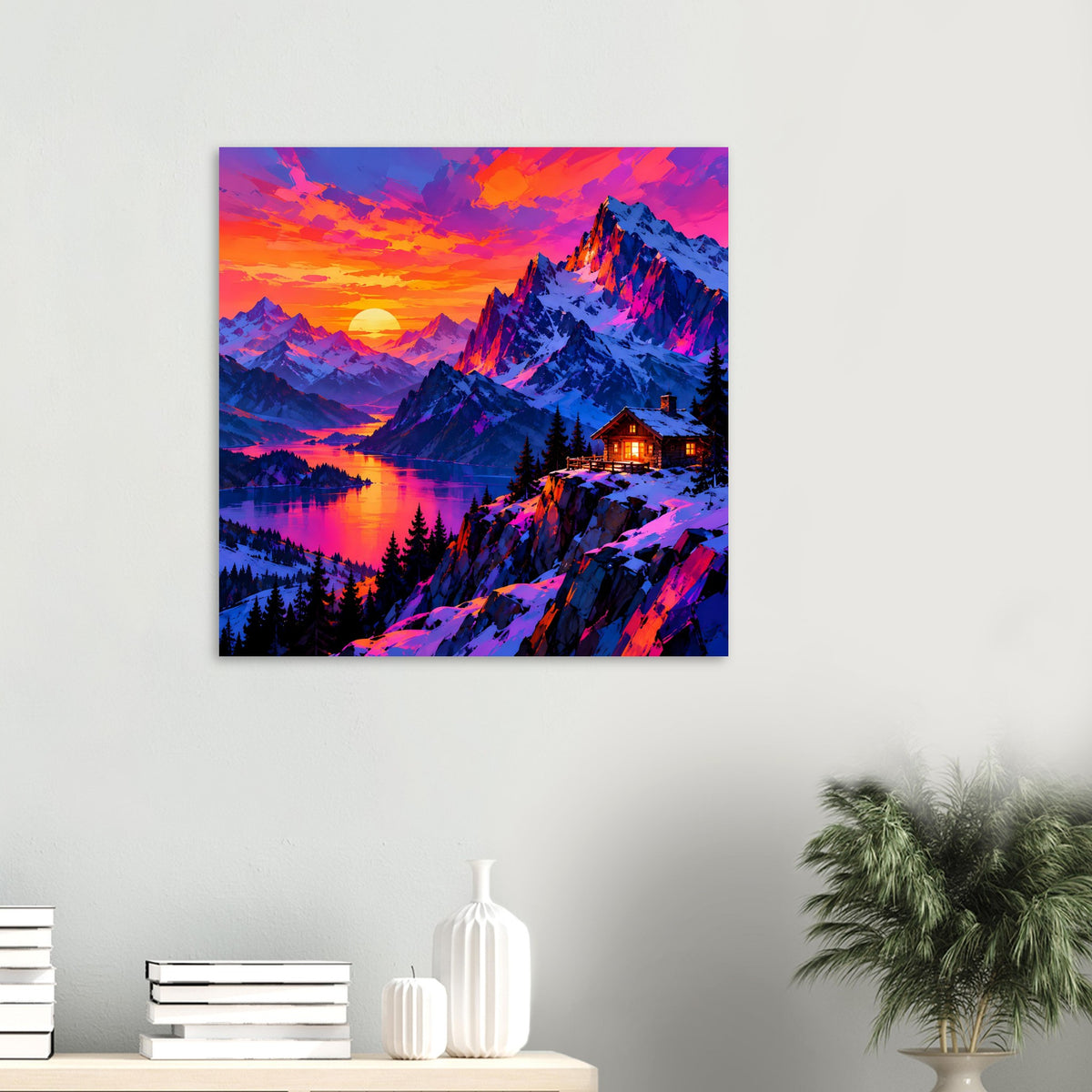 Quadratisches Poster mit Sonnenuntergang über Bergsee, beleuchtetem Haus und schneebedeckten Bergen.