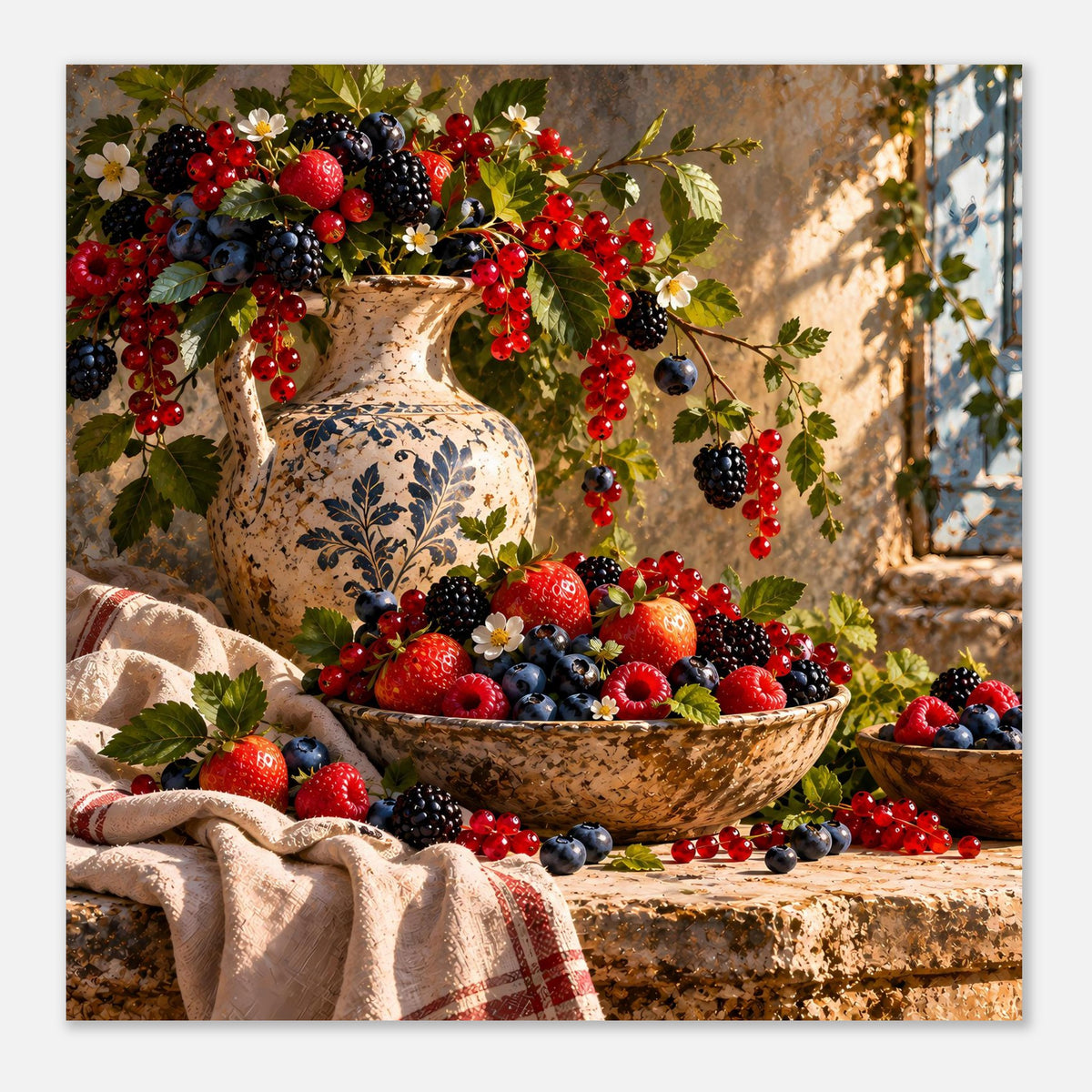 Beeren-Stillleben-Poster im Rahmen: Vase mit Beerenzweigen und Schüssel voller bunter Früchte