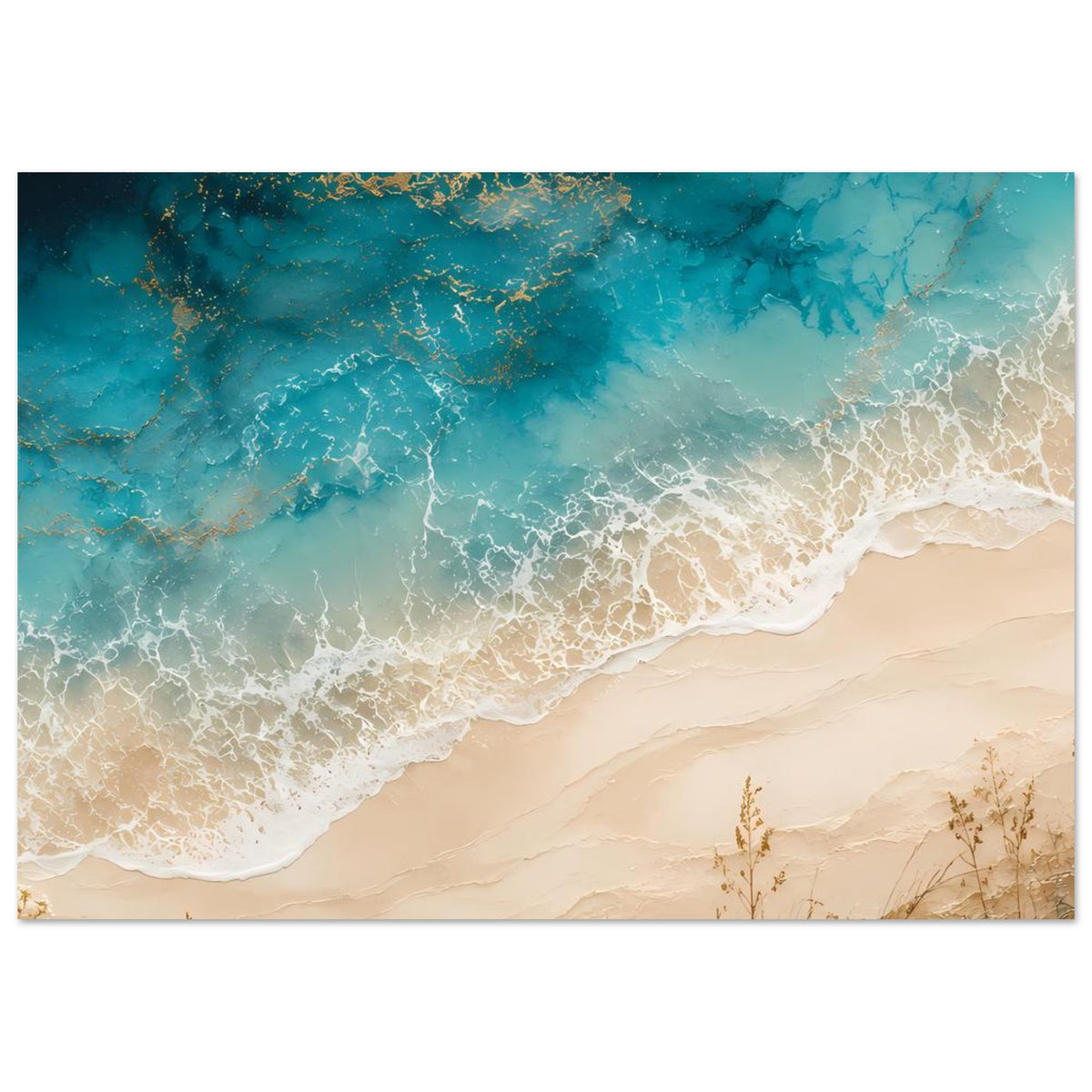 Strandposter horizontal: schäumende Wellen zwischen türkisblauem Wasser und beigem Sand