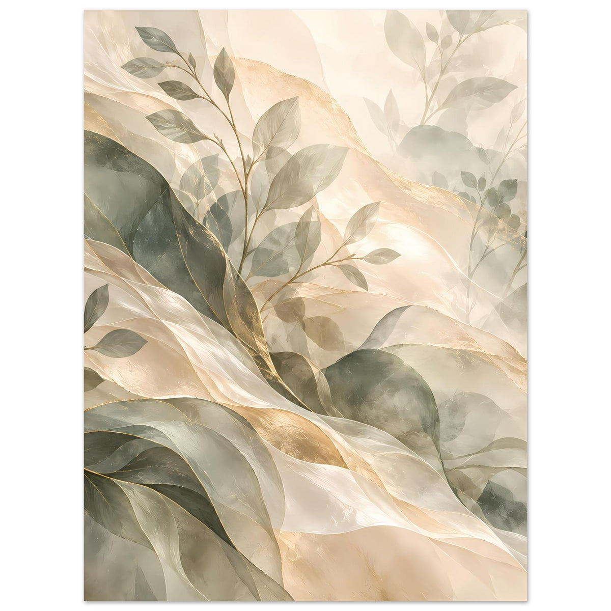 Botanisches Kunstposter mit Blattbündel im Vordergrund und zarten Blattformen im Hintergrund