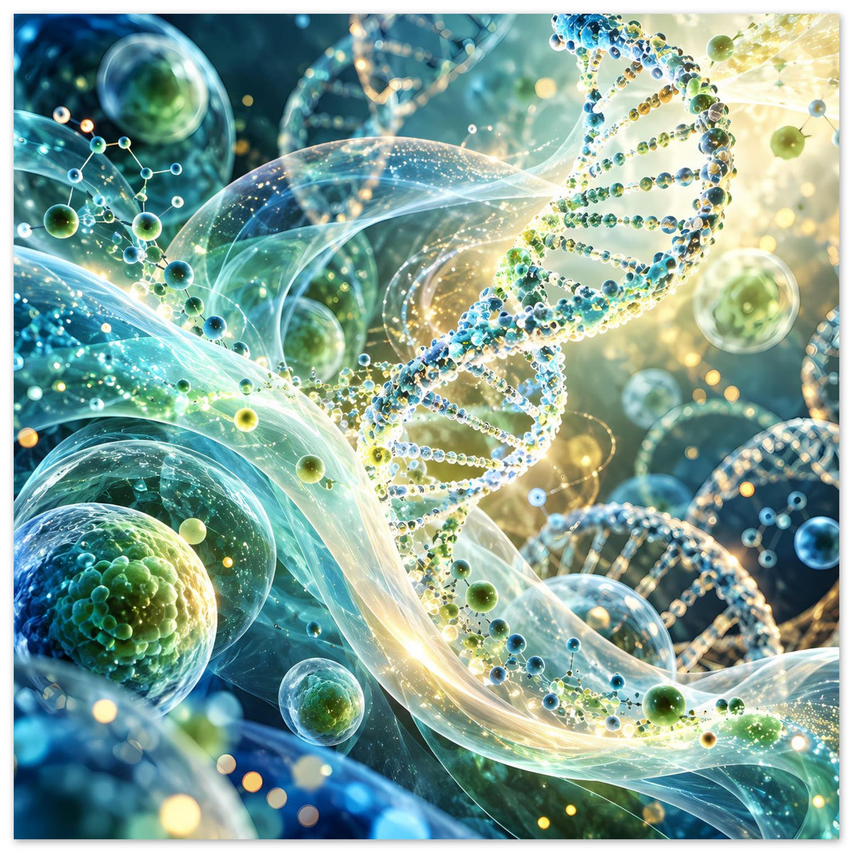 Leuchtendes DNA-Doppelhelix-Biotech-Poster mit grünen und blauen Zellen und Partikeln