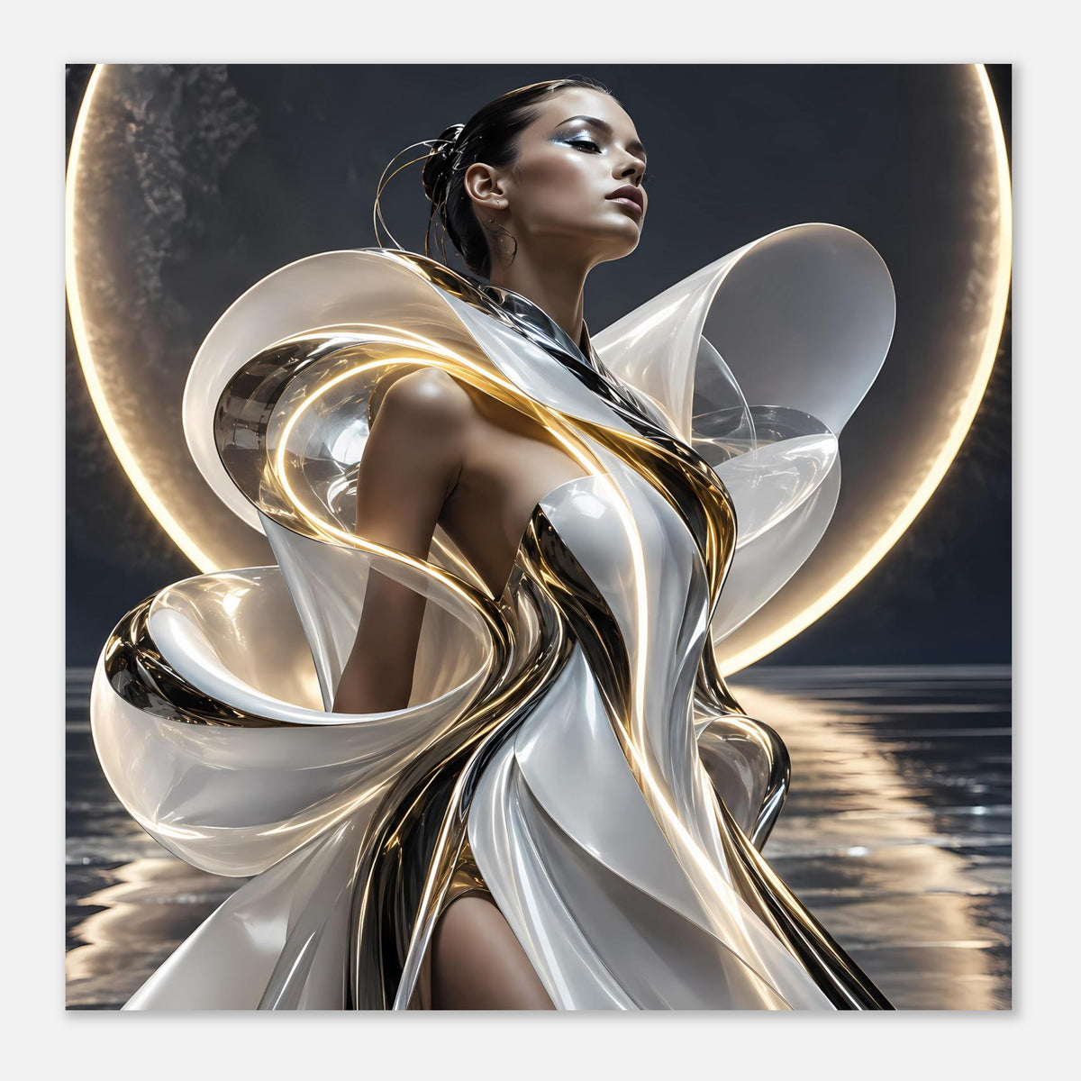 Abstraktes Poster mit silbrigem Wirbel-Design, goldenen Akzenten und Frauenfigur im Vordergrund