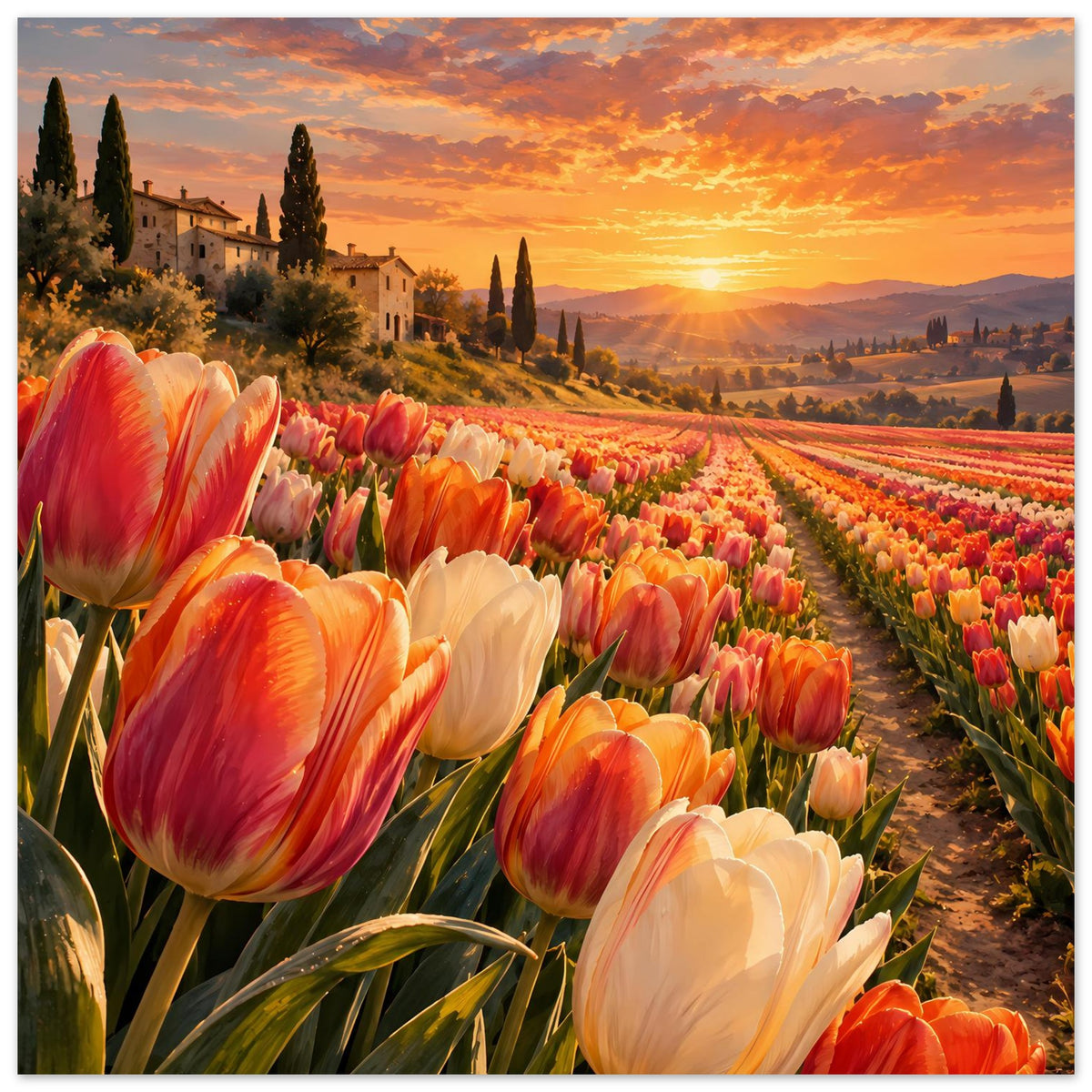 Poster: Tulpenreihe im Sonnenuntergang, kräftig orange-rote und weiße Blüten, Sonnenhimmel
