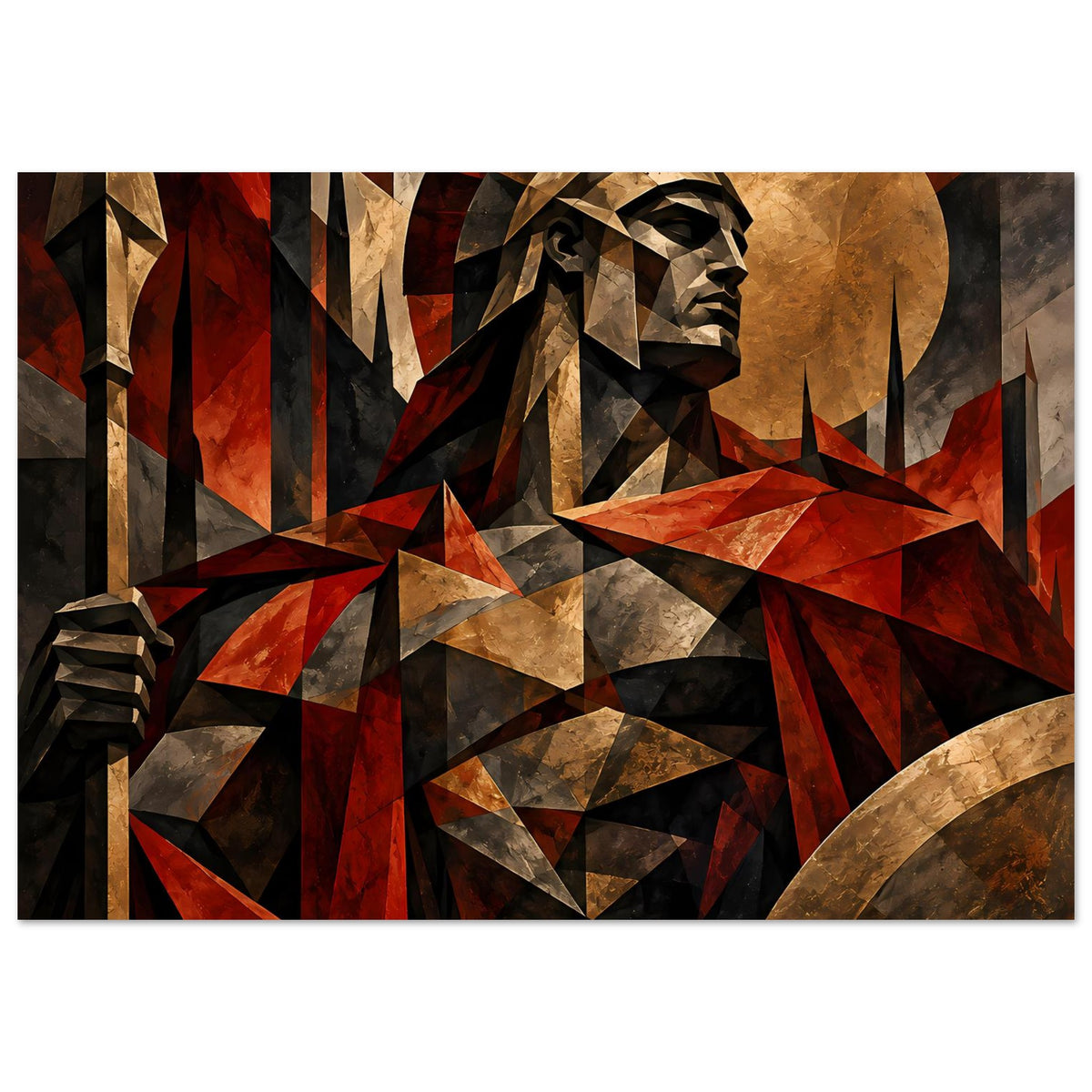 Poster mit Spartan-Krieger im geometrischen Rot-Gold-Look, Helmprofil und Schild