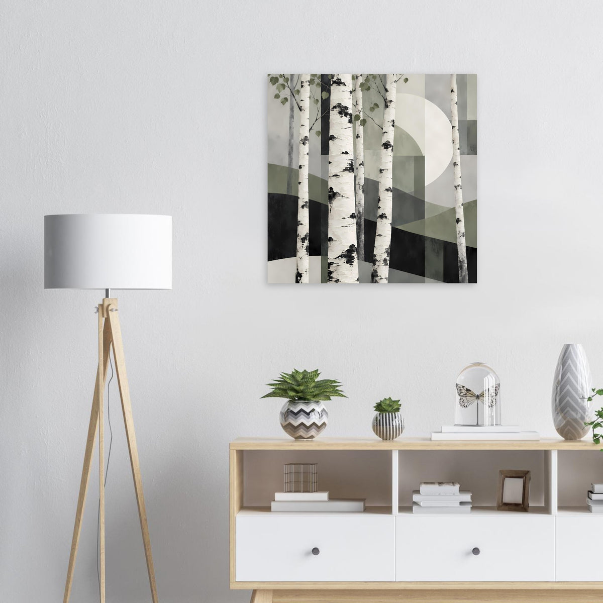 Naturposter mit abstraktem Birkenwald, Kreis-Element und Grünakzenten, Hochformat