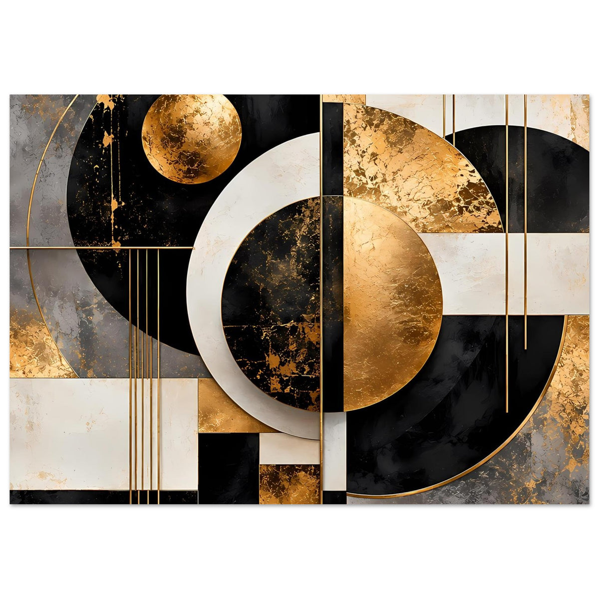 Poster im Querformat mit goldem Kreis, weißen Ringflächen und schwarzem Geometrie-Mix