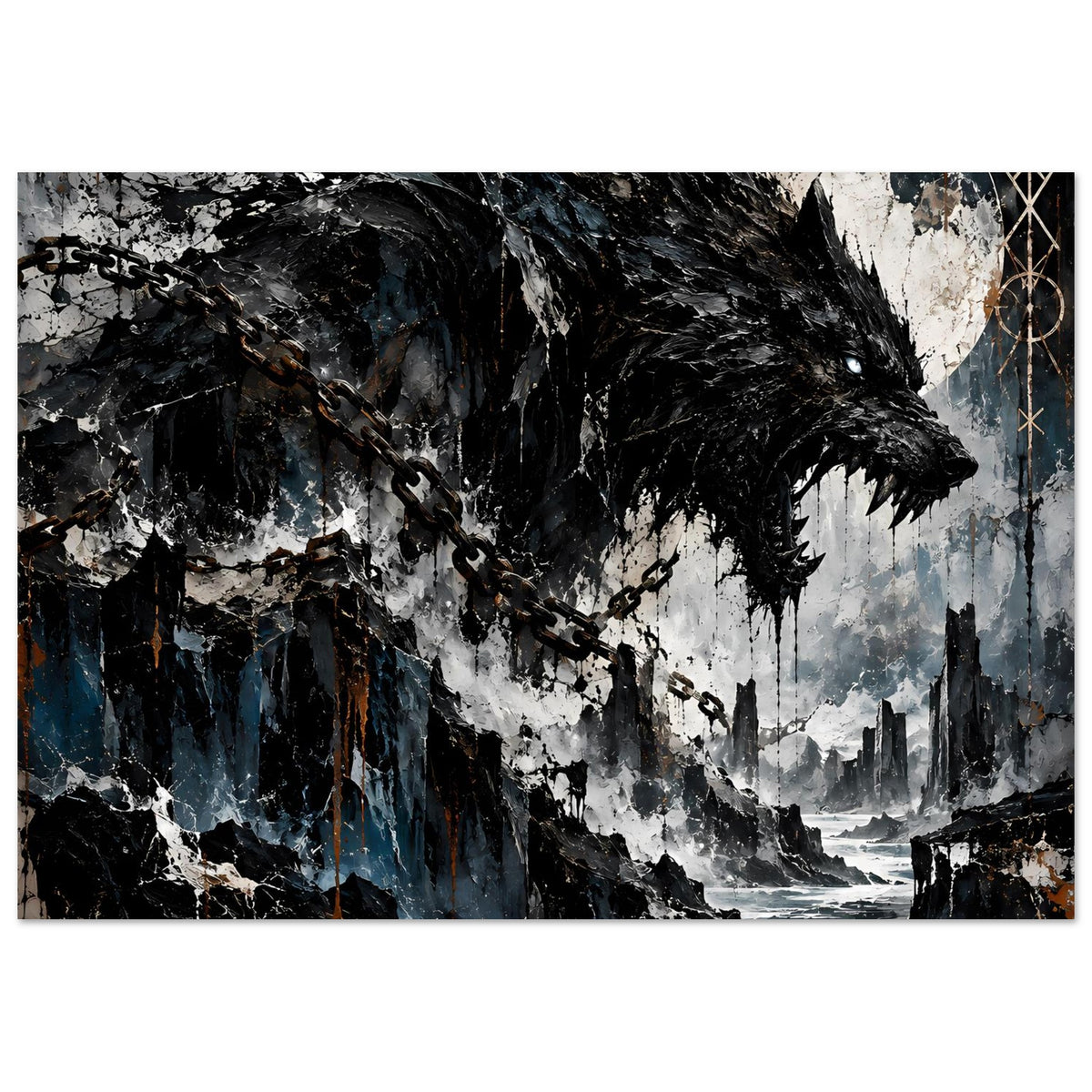 Dunkles Wolfs-Poster mit Ketten und Ruinenküste, farbige Sprenkel in Blau und Rost