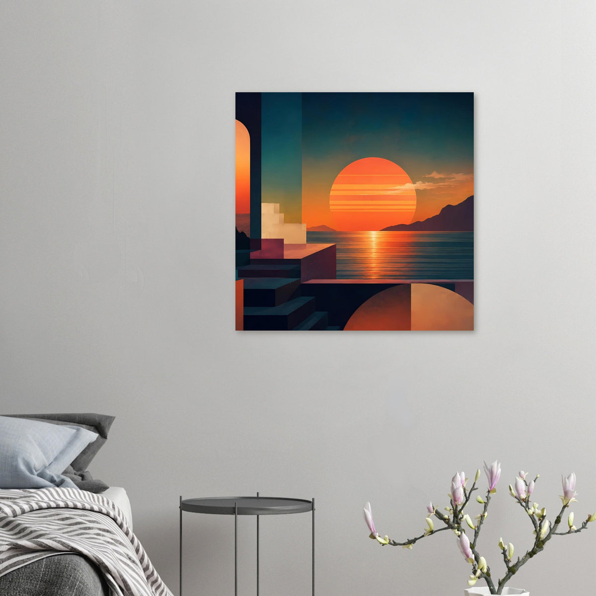 Kleines Kunstposter: orangefarbener Sonnenkreis über Meer, geometrische Blöcke links