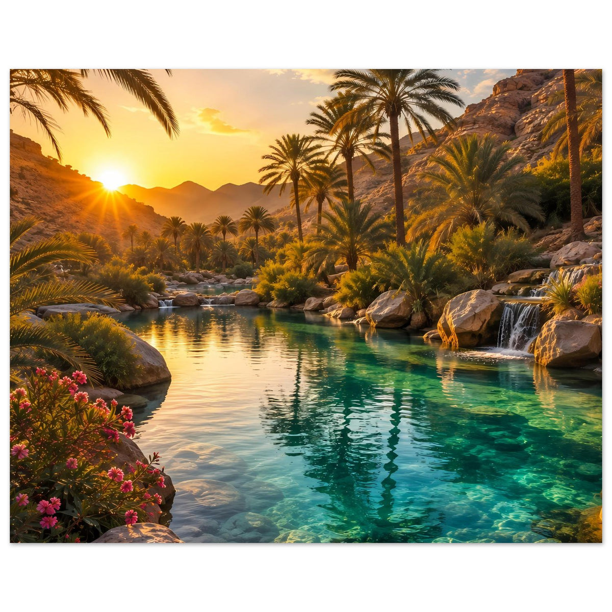 Poster im Querformat: Sonnenuntergang über Palmen, türkisfarbenes Wasser und Felsriff