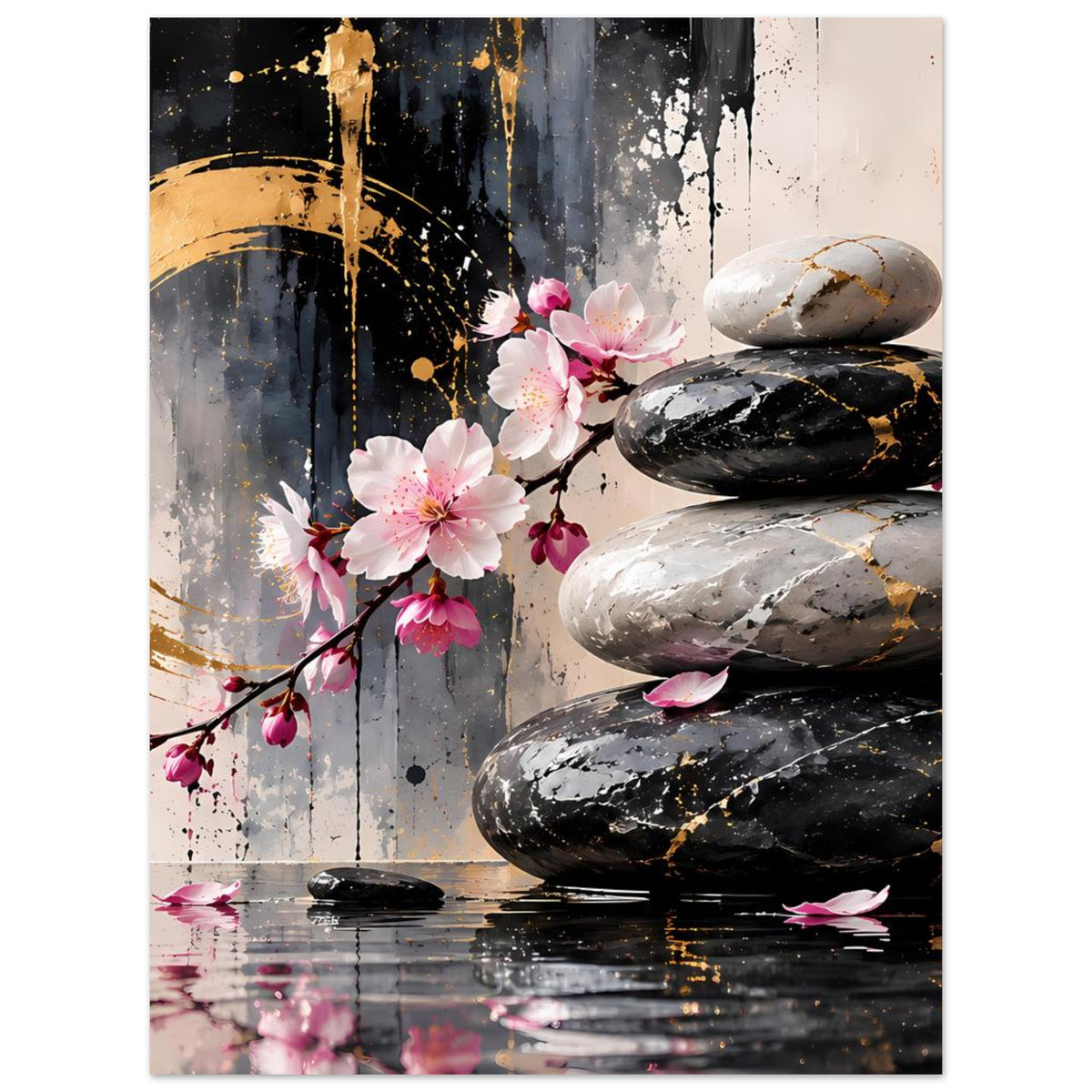 Zen-Poster mit Kirschblüten, goldenen Sprenkeln und drei Massage-Steinen im Mittelpunkt