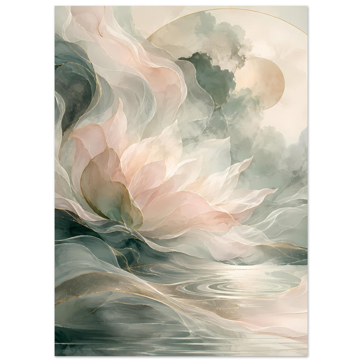 Poster mit Blütenblättern in Creme, Pastellrosa und Grün-Türkis, angedeutete Wasserwellen