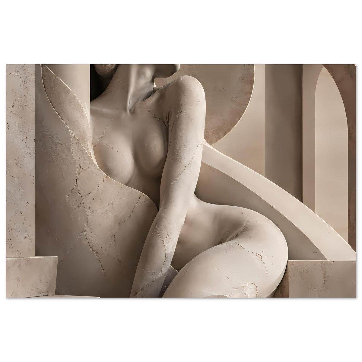 Horizontales Skulpturen-Porträtposter mit nackter Frauenfigur, Fokus auf Oberkörper und Pose