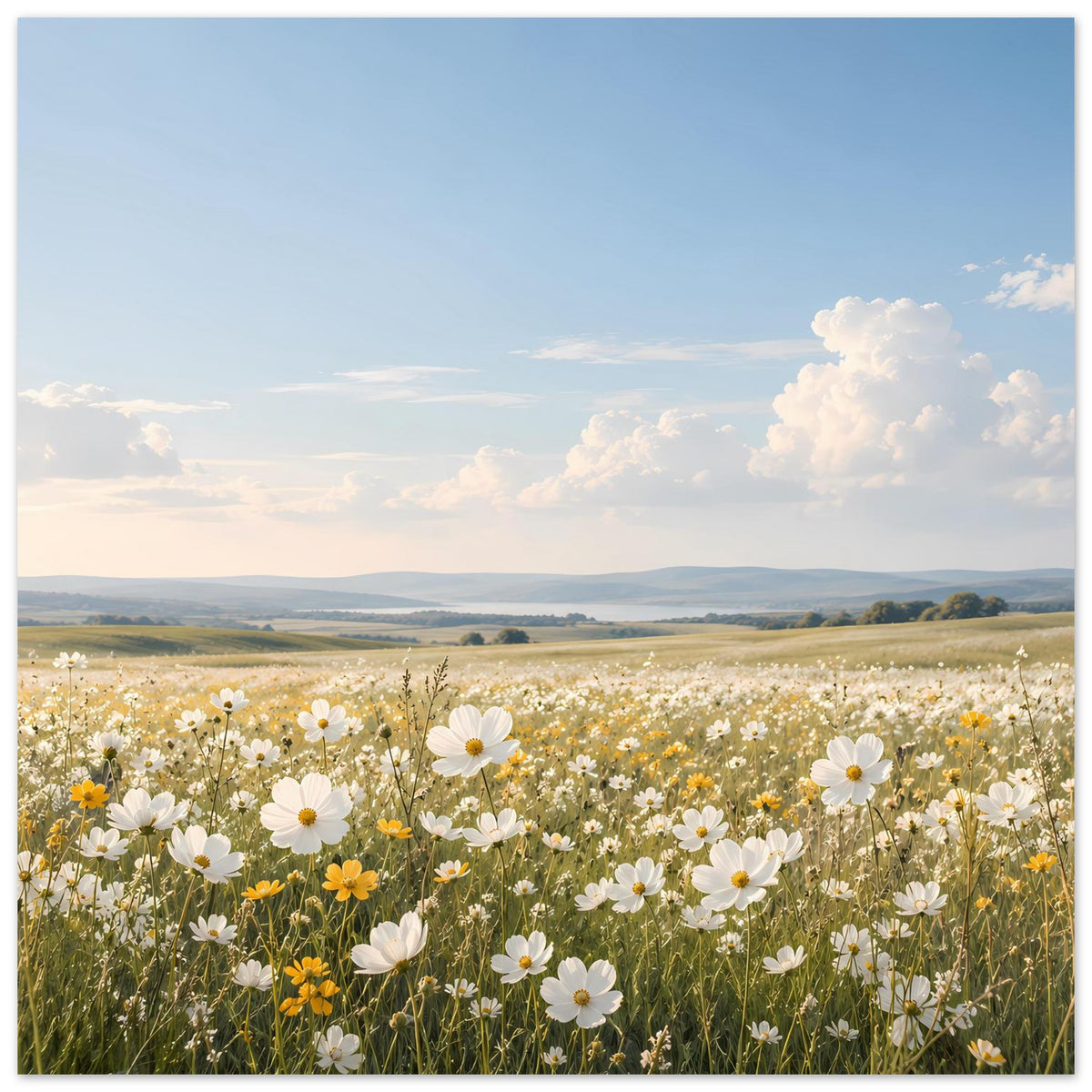 Wildblumenwiese-Poster mit weißen Blüten, gelben Akzenten und blauem Himmel