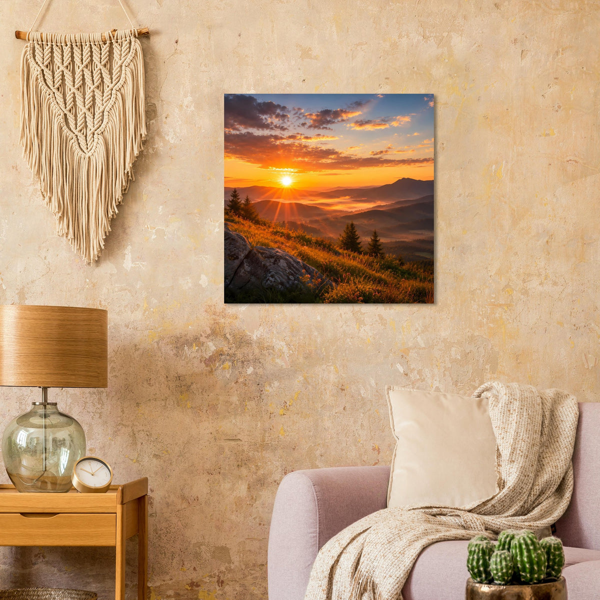 Gerahmtes Sonnenuntergangs-Landschaftsposter mit Wiesenweg und Felsen, quadratisch
