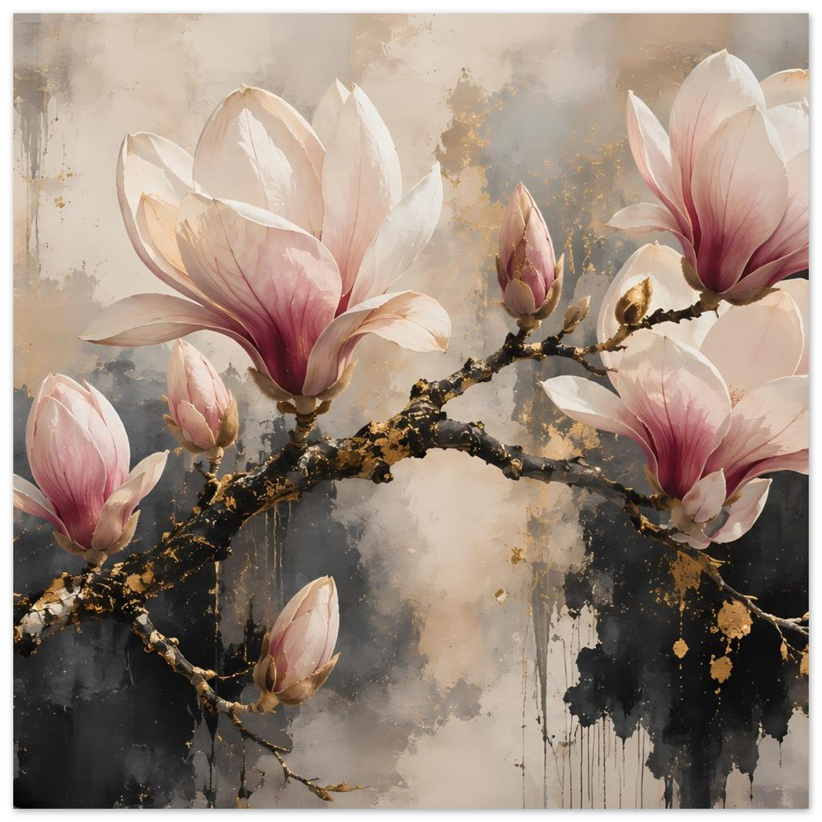 Magnolienblüten-Poster mit großem Blütenmotiv, goldfarbenem Ast und dunklen Farbakzenten