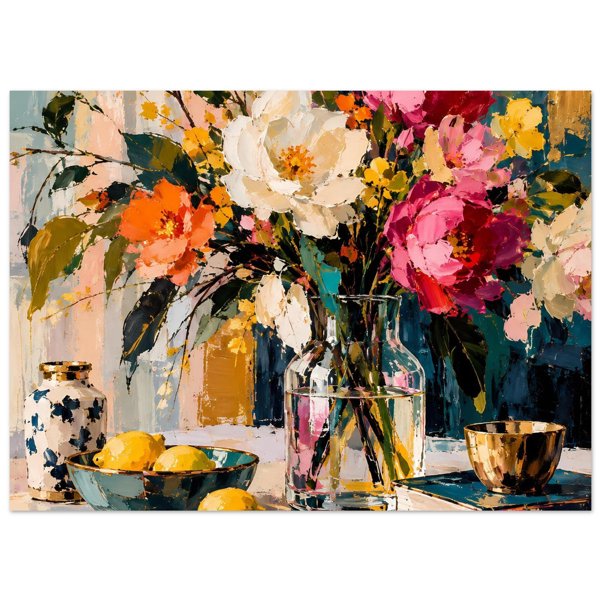 Blumenstillleben-Poster mit Blütenstrauß, Vase und Schale, Querformat