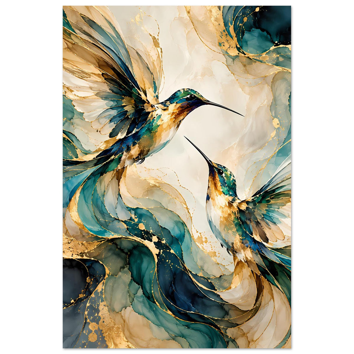 Rechteckiges Vogelposter mit zwei schwebenden Kolibris in Blau, Türkis und Gold