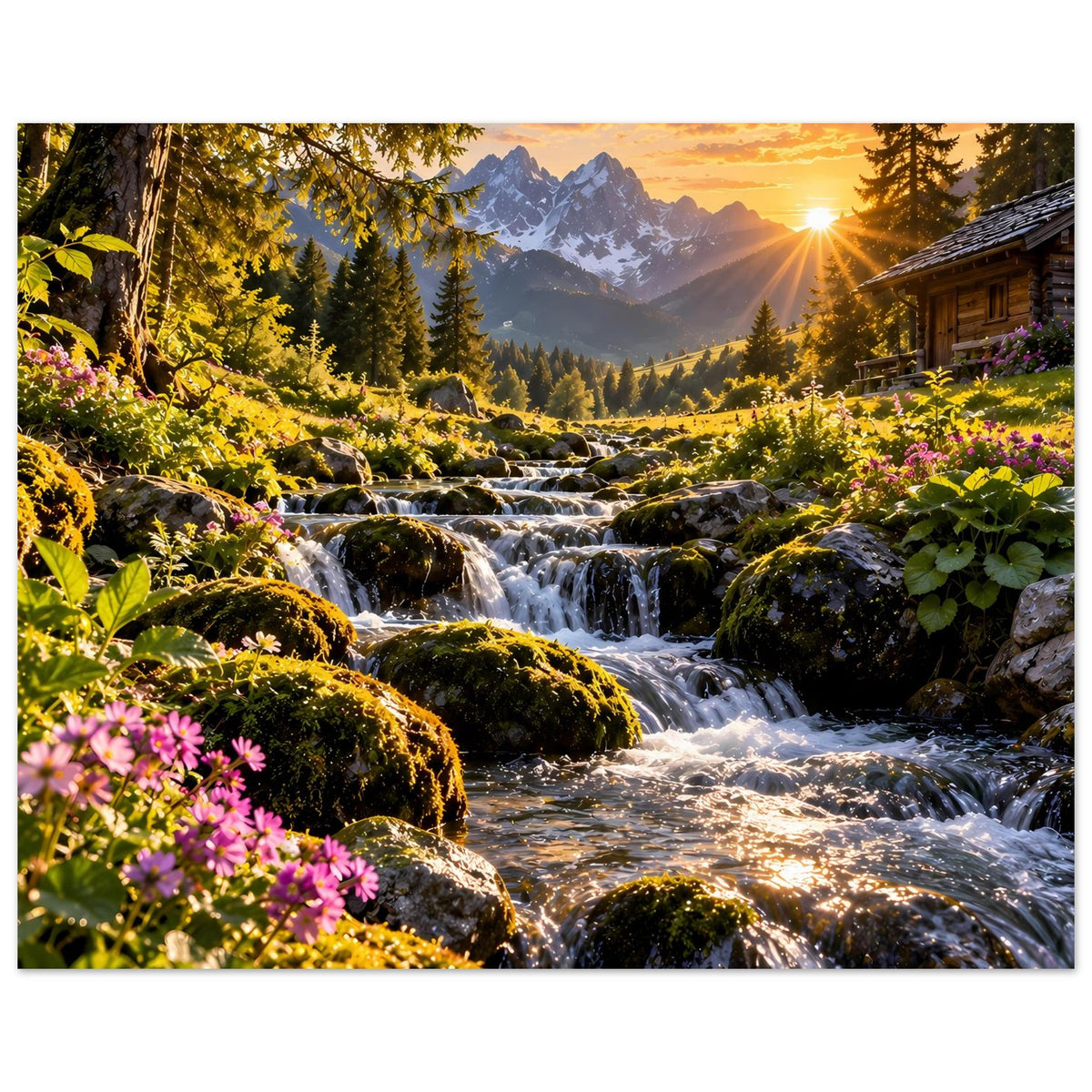 Horizontales Poster: Naturfluss mit Wasserfall, Tannenwald und warmes Abendlicht im Bild