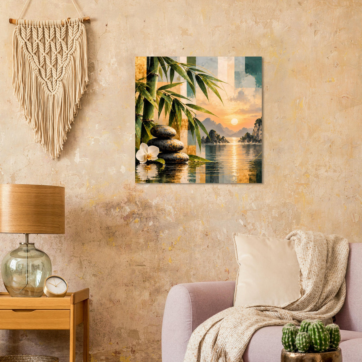 Quadratisches Poster mit Bambusblättern, weißen Blüten und Zen-Steinsäulen am Wasser