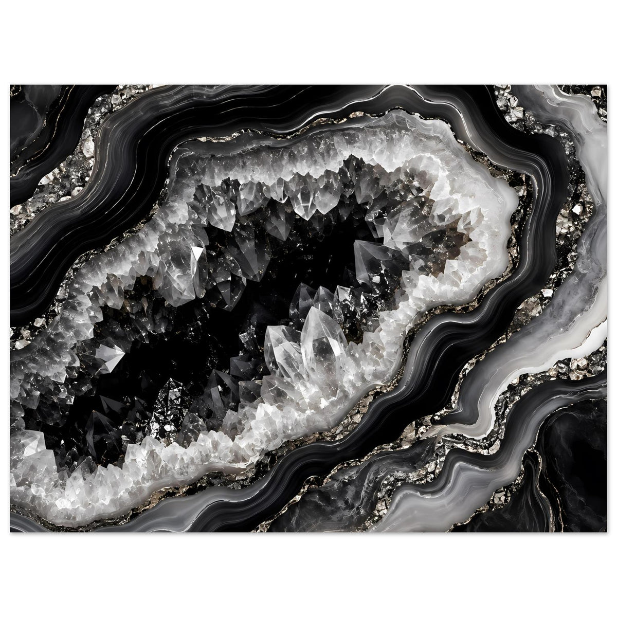 Geoden-Wandposter: Nahansicht der Kristallgeode in Schwarz und Weiß, mit Glitzereffekt