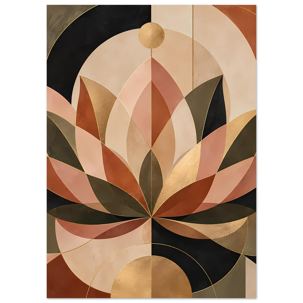 Wandposter mit geometrischem Lotus in warmen Erdtönen, Gold- und Schwarzakzenten, runder Aufhängung.
