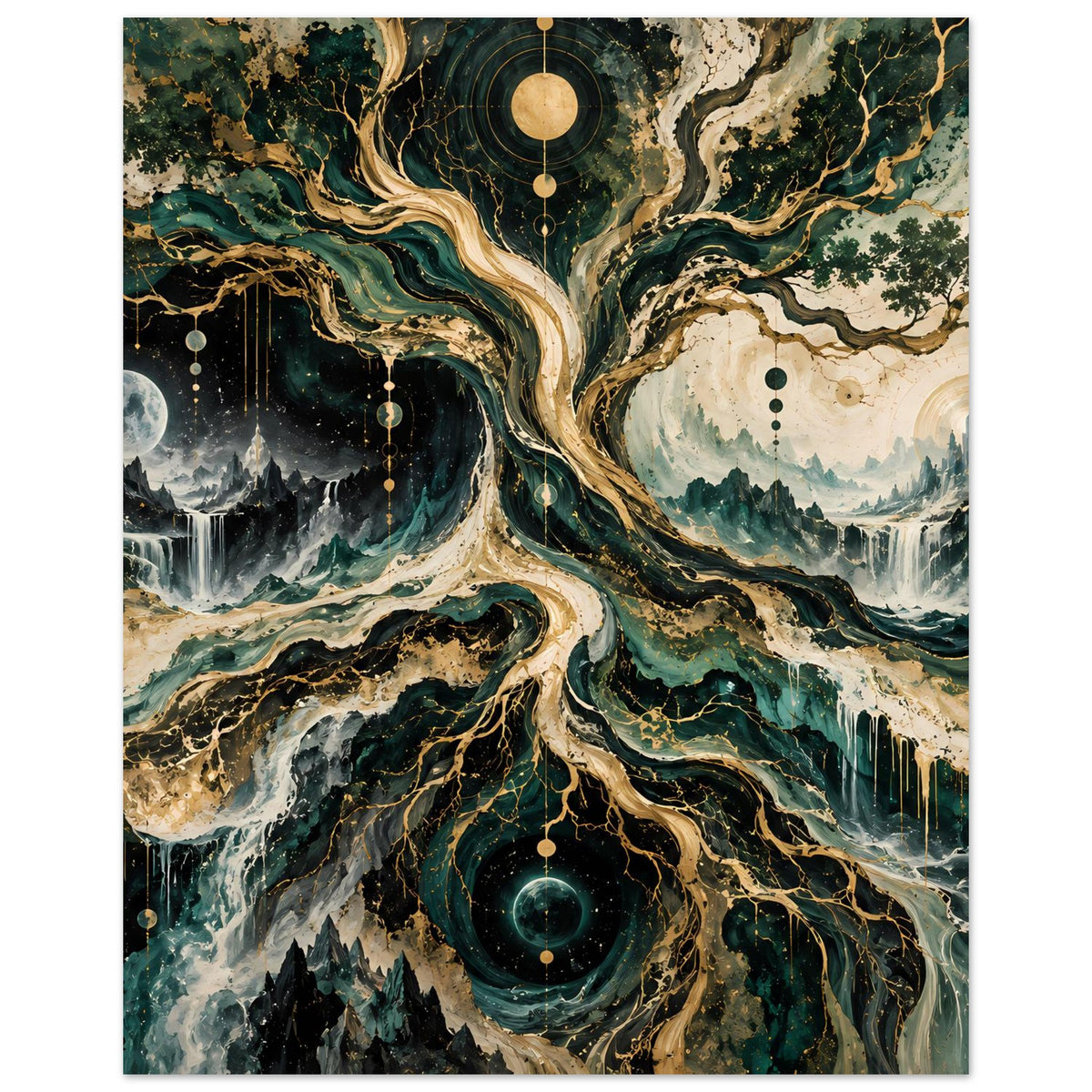 Hochformat-Wandposter mit kosmischem Baum, runden Himmelskörpern und verzweigten Ästen