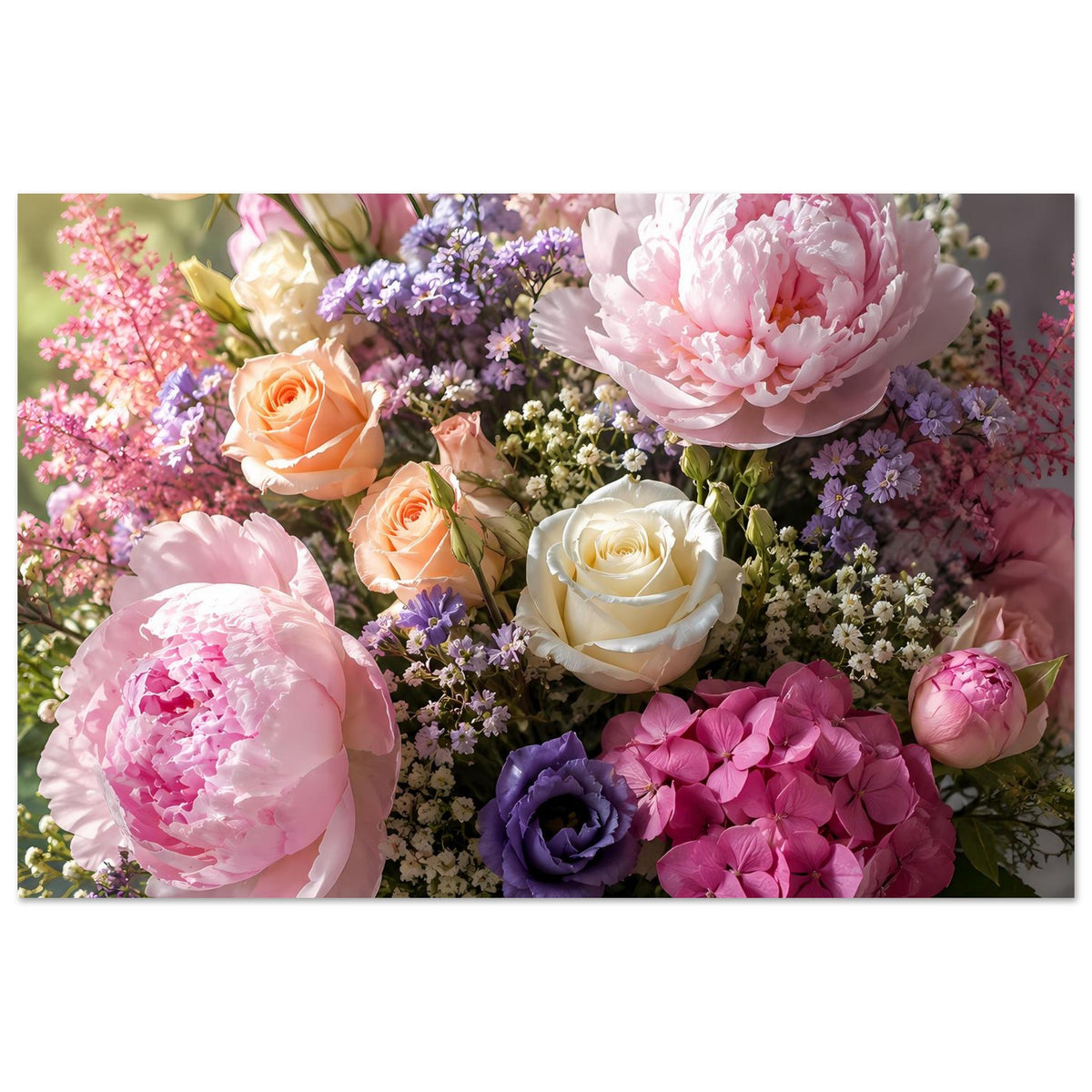 Poster mit pastellfarbenem Blumenstrauß, Pfingstrosen, Hortensien und rosa-orangen Akzenten