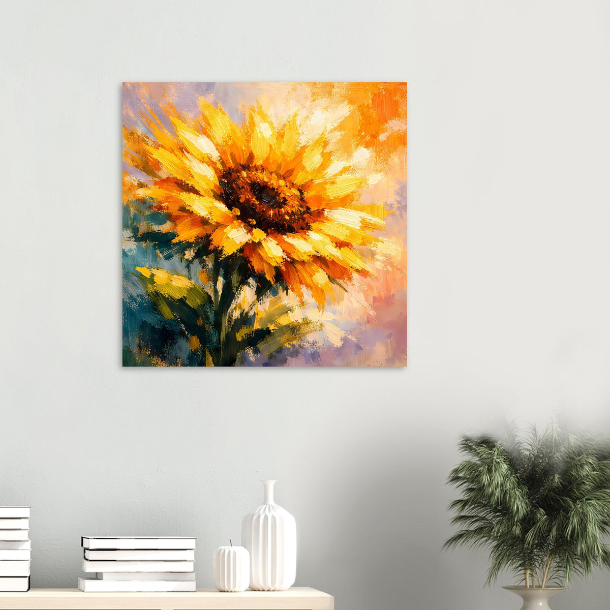 Wandposter mit Sonnenblume im abstrakten Stil, gelbe Blüten und orangefarbene Akzente.